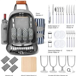 NWT Sunflora Gray Picnic Backpack Set with Tableware and Blanket